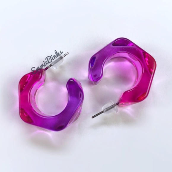 đź’Ą3for$28 New Purple to Pink Fade Transparent Ombre Resin Cuff Hoop Earrings - Picture 2 of 16